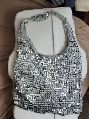 Silver Sequin Mesh Shoulder Bag